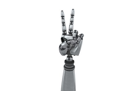 Robotic hand displaying peace sign on transparent background illustration