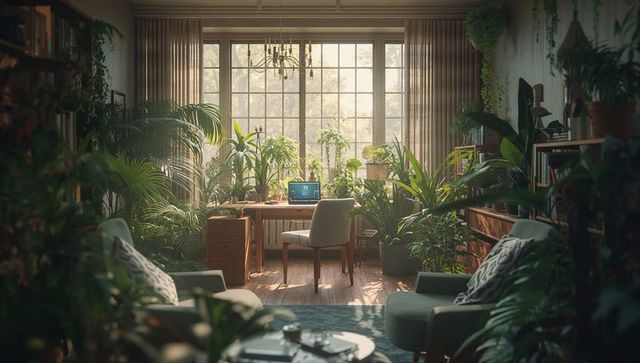 Serene Home Office with Wooden Desk and Lush Greenery