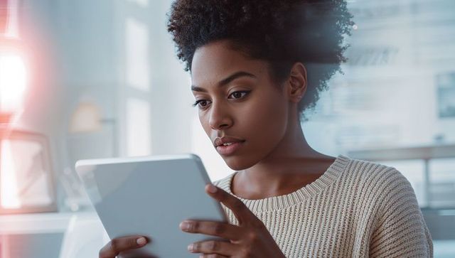 Focused Young Woman Analyzing Tablet Screen in Modern Home Office