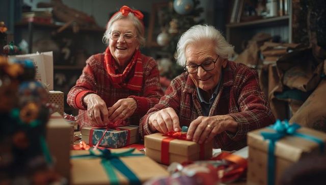 Joyful elderly couple wrapping gifts for holiday festivities