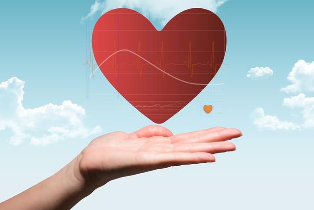 Hand presenting heart with ECG line against sky background. Ideal for health and wellness promotions, cardiology advertisements, medical presentations, and campaigns focusing on heart health and care.