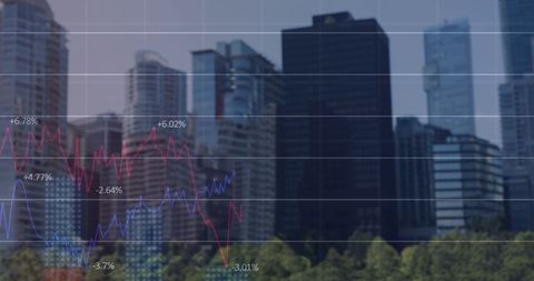 Digitally generated cityscape with data trends