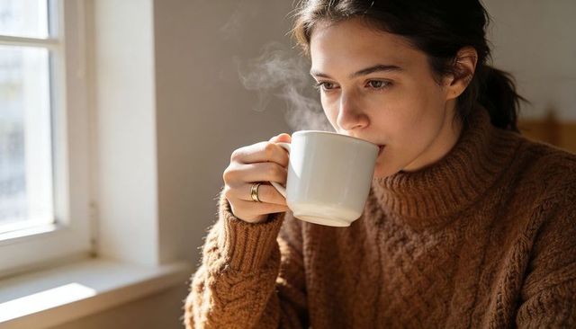Young woman sipping steaming mug by window in cozy brown cable knit sweater
