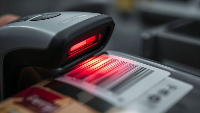 Handheld barcode scanner reading retail package with red laser beam