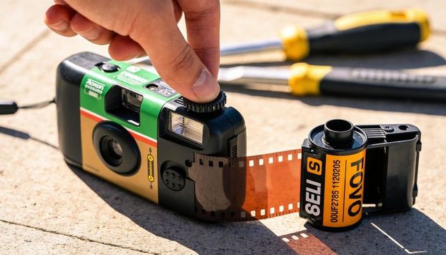 Hand adjusting dial on disposable 35mm camera with unspooling film strip and canister