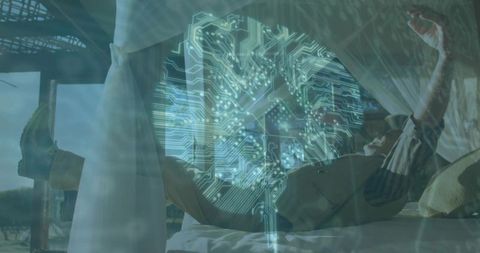 Man on Veranda Bed Visualizing Brain Hologram Outdoors