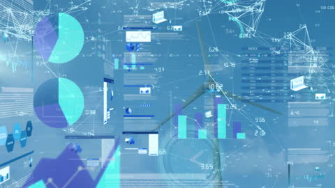Futuristic Data Interface with Wind Turbines and Clock Overlay