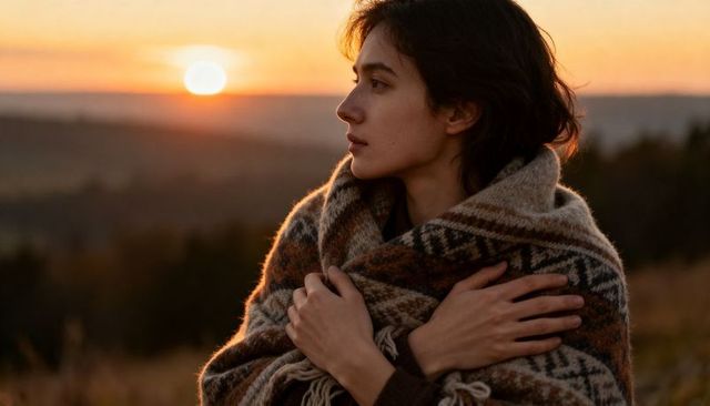 Woman watching sunset wrapped in patterned wool blanket on grassy hillside at golden hour