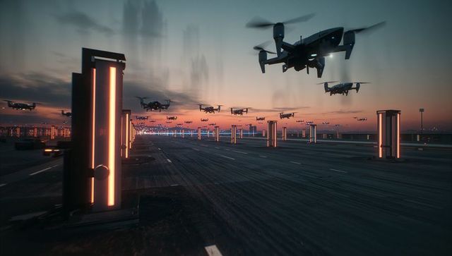 Futuristic drone hub with neon lighting at dusk