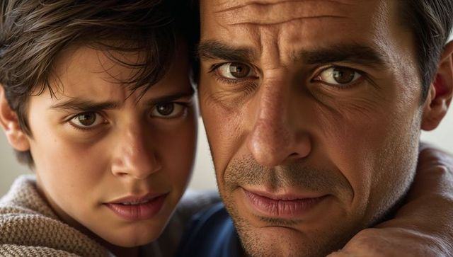 Father and Son Sharing Intimate Closeup Embrace Showing Strong Bond and Warmth in Soft Light