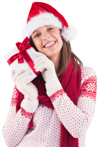 Santa Hat Woman Holding Gift With Joy Transparent Background