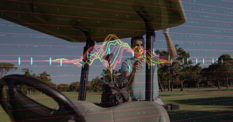 Golfer adjusts cart roof with stock market charts overlay
