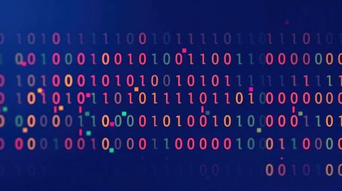 Colorful binary code stream on digital background