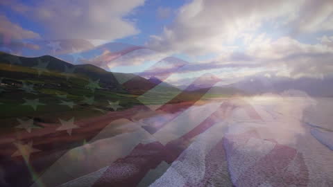 American Flag Overlaid on Scenic Coastal Landscape