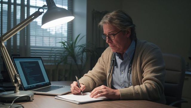 Physician writing patient notes at desk with laptop and lamp during late-night work