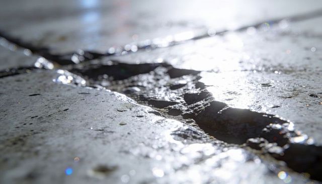 Glittering wet concrete fissure macro with reflective water, pebbles and bokeh texture