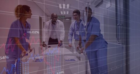 Diverse medical team responding to emergency with data visualization