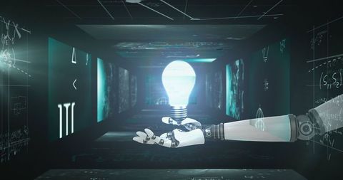 robotic hand holding light bulb amid analytical data and equations - Download Free Stock Images Pikwizard.com