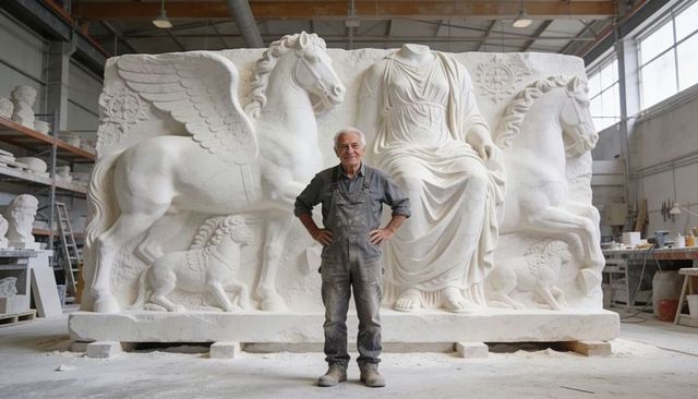 Senior sculptor standing in workshop surveying monumental white stone relief carving