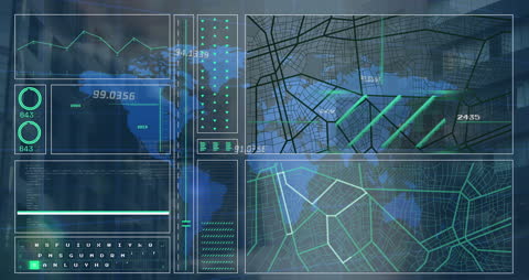 Futuristic Digital Interface with Global Data Analysis and Map Overlay