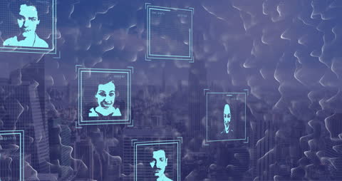 Digital Faces Over Cityscape Representing Data Processing in Technology
