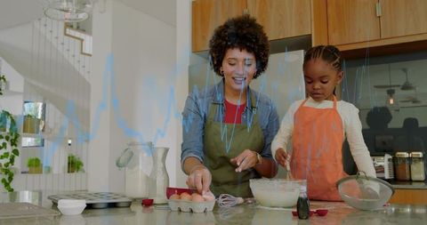 Smiling mother guiding daughter whisking batter on bright kitchen island, baking together