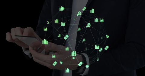 Businessman Using Smartphone with Virtual Finance Network Overlay