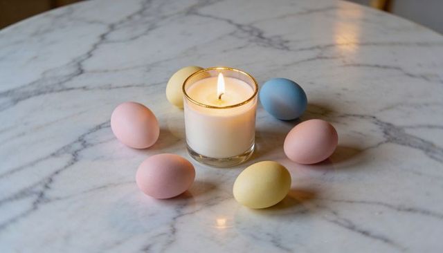 Pastel easter eggs encircling lit gold-rim candle on marble tabletop for minimal decor