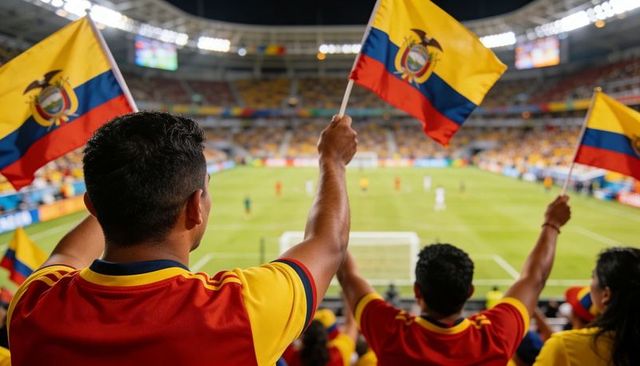 Ecuadorian soccer fans cheering and waving national flags in stadium under night floodlights