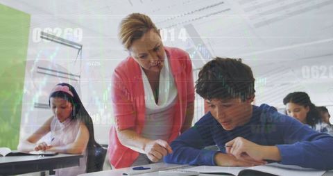 Teacher Assisting Young Student in Classroom with Data Overlay