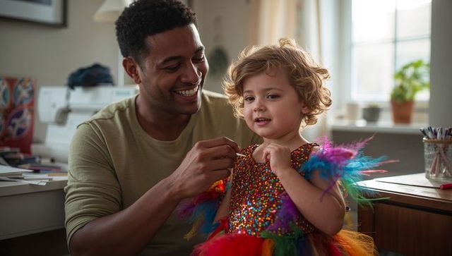 Father fastening sequin dress for toddler in colorful feather costume by sunny window