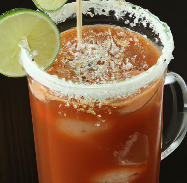 Image of close up of michelada drink in glass with sugar frosted edge and slices of lime. Mexican and alcoholic drink concept.