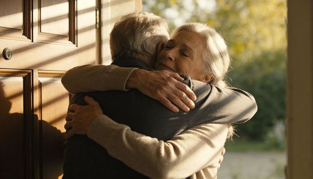 Senior couple embracing at doorway showing warm sunlit hug, affection and care