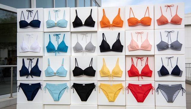 Vibrant bikini grid displaying multicolor swimwear collection on white panels outdoors