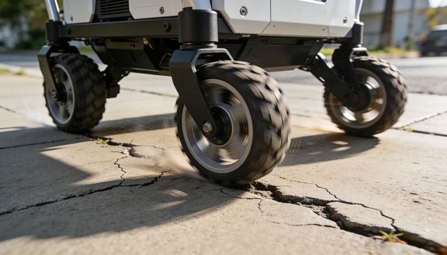 Rugged autonomous rover wheels rolling over cracked concrete sidewalk kicking dust