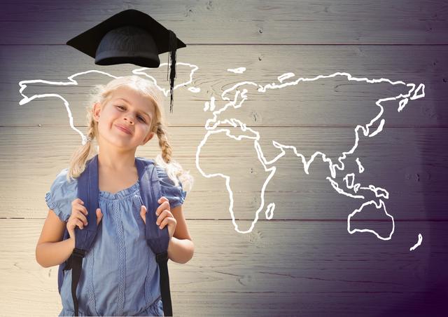 Young girl stands against wooden background with drawn world map and floating graduation cap representing education and global learning. Ideal for educational websites, lifestyle blogs, and school promotional materials.