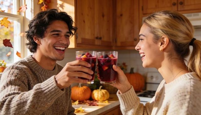 Young couple toasting berry drinks in cozy autumn kitchen with pumpkins and falling leaves