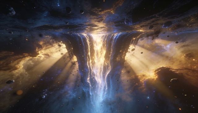 Cosmic energy rift pouring golden and blue light through nebula and asteroid field