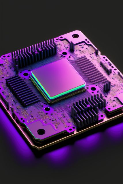 Purple computer processor on black background, created using generative ai technology. Global technology and computer chip concept digitally generated image.
