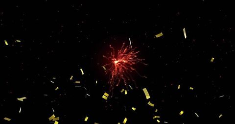 Crimson firework burst with golden confetti, dramatic night celebration spark trails