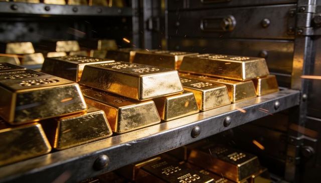 Gleaming stacked gold bars in secure vault, polished bullion reflecting warm light and sparks