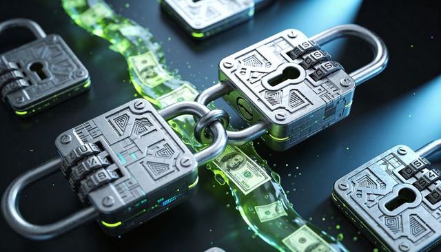 Neon Encrypted Finance Chain with Linked Combination Padlocks and Flowing Dollar Ribbon