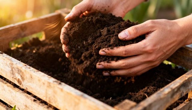 Hands holding rich potting soil over wooden crate planter in warm golden light