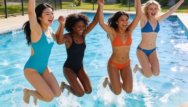 Friends jumping into pool holding hands, splashing summer fun multicultural young women