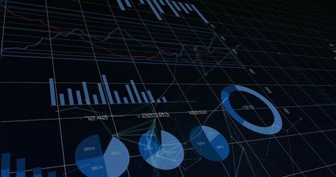 Presenting 3D Neon Data Dashboard Displaying Bar Line Pie Donut Charts on Dark Grid