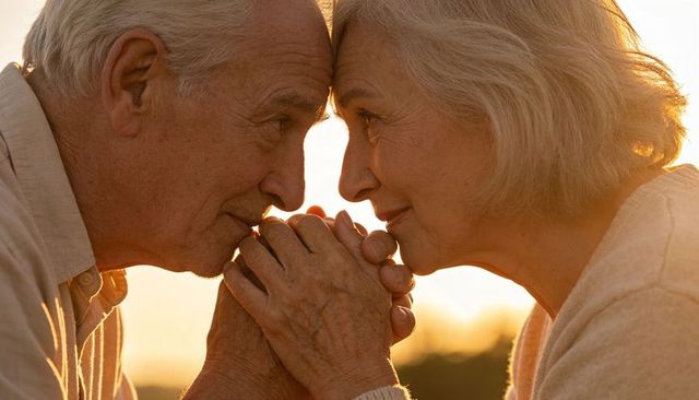 Senior couple sharing tender sunset moment holding hands and gently touching foreheads