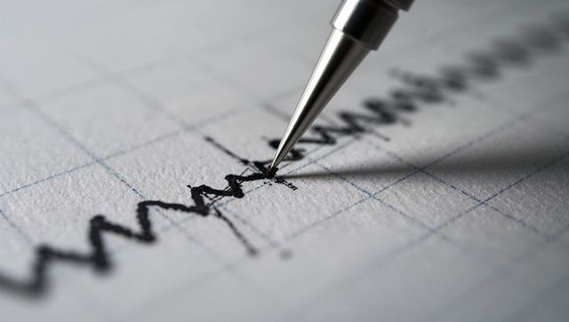 Macro metal pen drawing jagged black ink line on squared graph paper