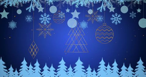 Festive Christmas Baubles Over Snowy Fir Trees Background