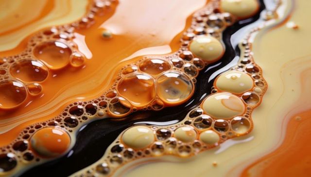 Glossy orange and pale yellow oil droplets forming abstract fluid patterns in macro