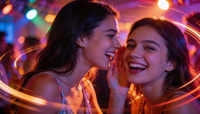 Whispering friends laughing in neon club with sequins and circular light trails